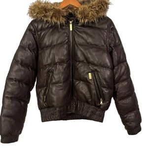 Brown 100%Leather Puffer Jacket With Hood Faux Fur Zip Bomber Winter Warm